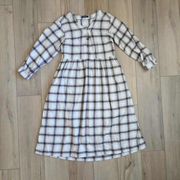 Madewell Flannel Button-Front Midi Dress Blue/Cream Women Sz 00 - Picture 2 of 9